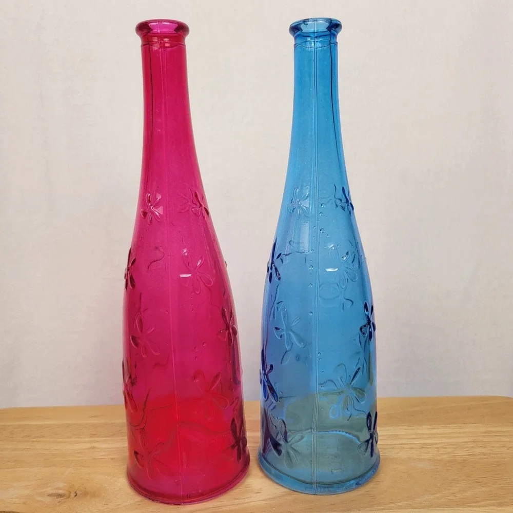 VTG 90s IKEA Emma Dafnas Marilyn Glass Bottle Vases Set‎ of 2 Pink Blue Retired